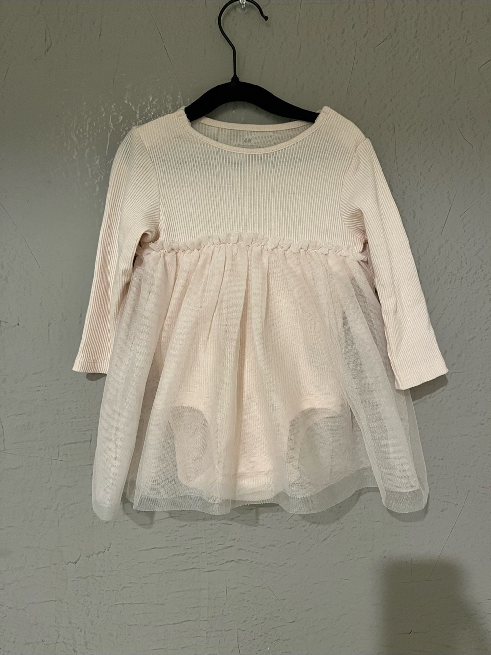 H&M Girls Cream Tulle-Overlay Long Sleeve Dress